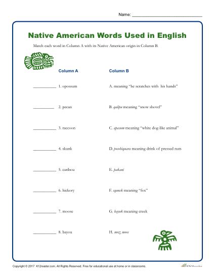 Native American Heritage Month Printable Activity - Words Used in English