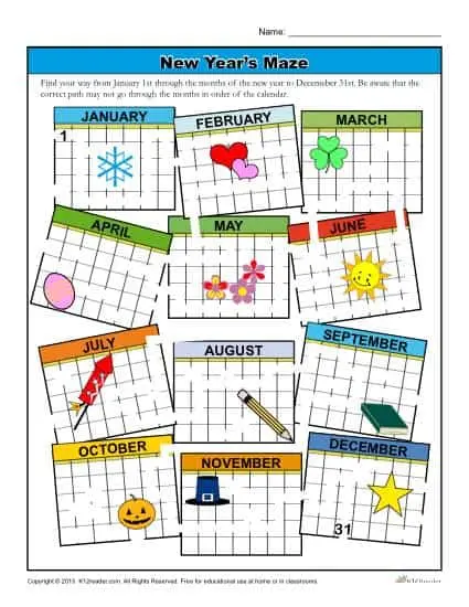 New Year's Calendar Maze Activity