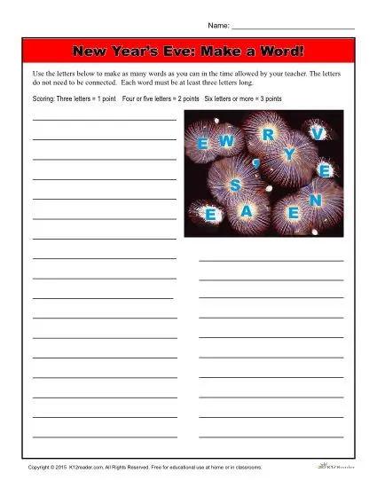 New Year's Worksheet Activity - Make a Word!