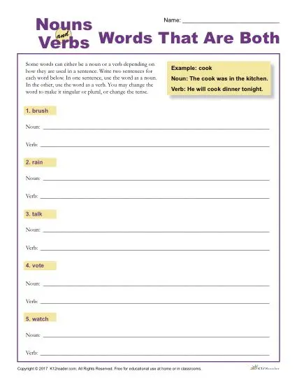 Nouns and Verbs: Words That are Both - Worksheet Activity