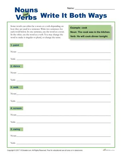 Nouns and Verbs - Write It Both Ways - Worksheet Activity
