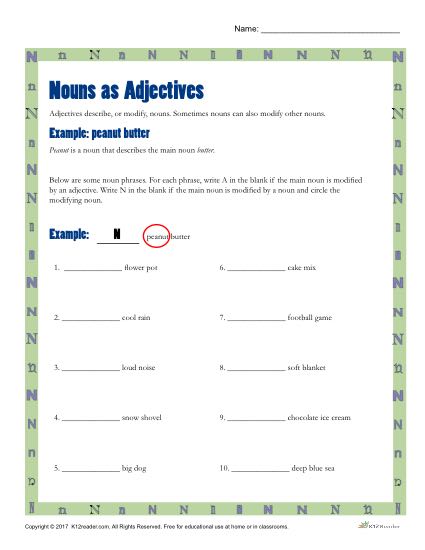 Nouns as Adjectives - 4th and 5th Grade Worksheet