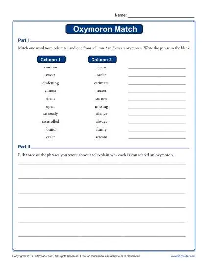 Oxymoron Match - Free, Printable Worksheet Activity