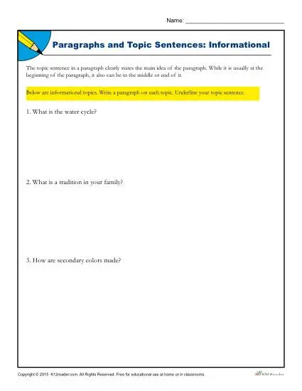 Paragraph and Topic Sentence Writing Worksheet