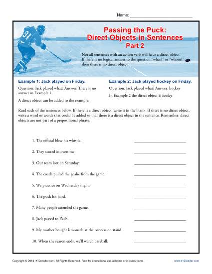 Direct Objects in Sentences Worksheet Activity