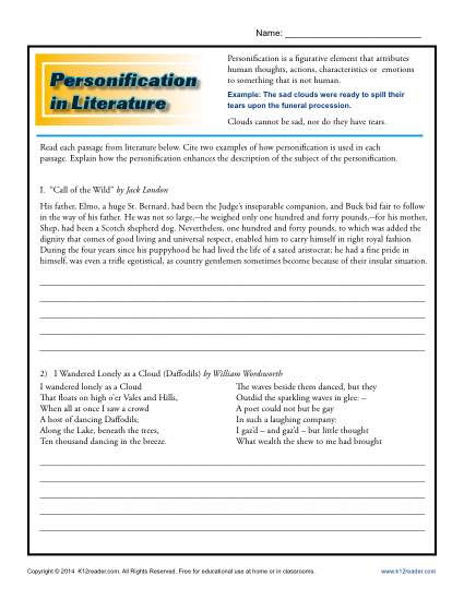 Personification in Literature | Figurative Language Worksheets