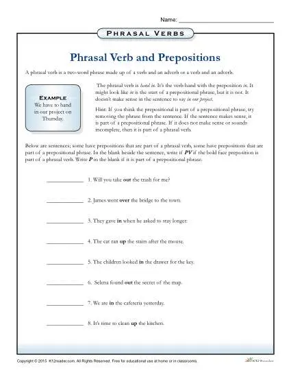 Phrasal Verbs and Prepositions Printable Worksheet