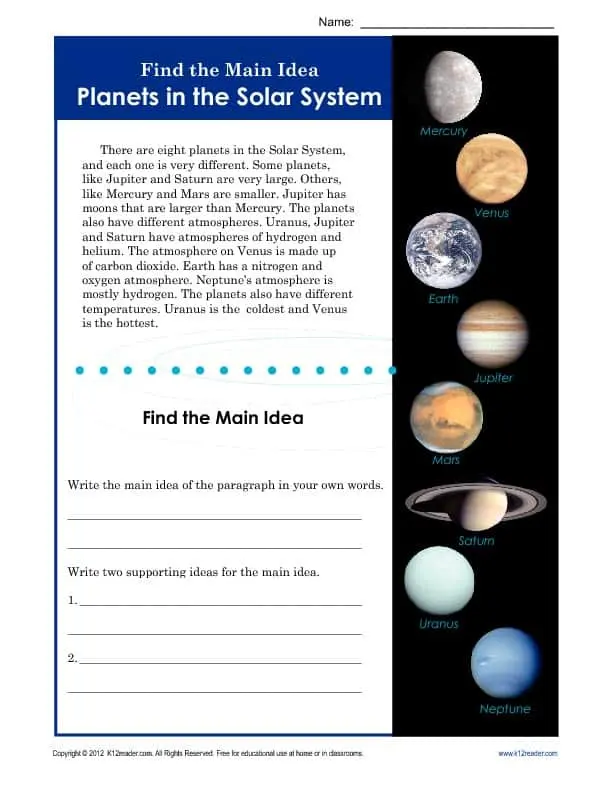 3rd or 4th Grade Main Idea Worksheet About Planets