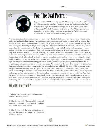 Edgar Allan Poe Reading Worksheet | The Oval Portrait