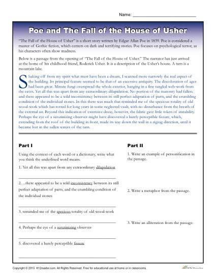 Edgar Allan Poe Reading Worksheet | The House of Usher