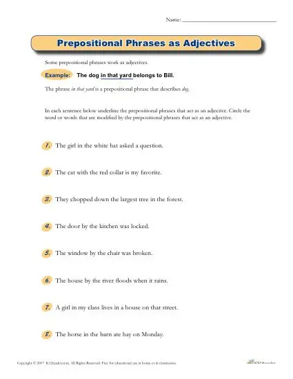 Function Of Prepositional Phrase Worksheet