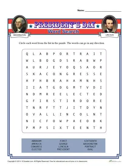 Presidents' Day Word Search Activity for 2nd, 4rd, and 4th Grade