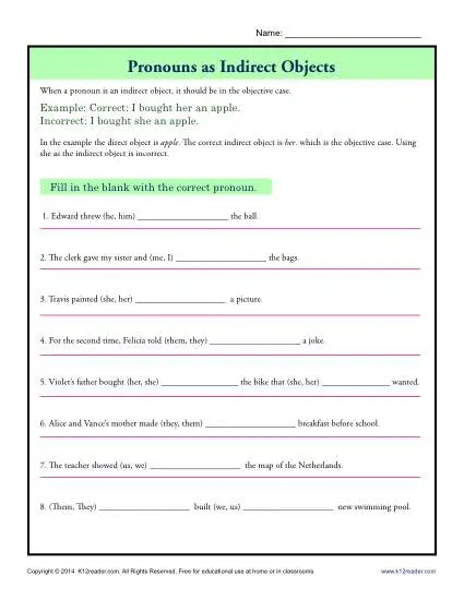 Indirect Objects Worksheet - Pronouns