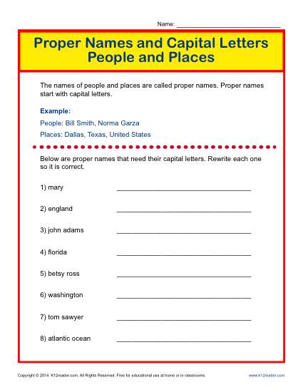 Proper Names and Capital Letters: People and Places Worksheet Activity
