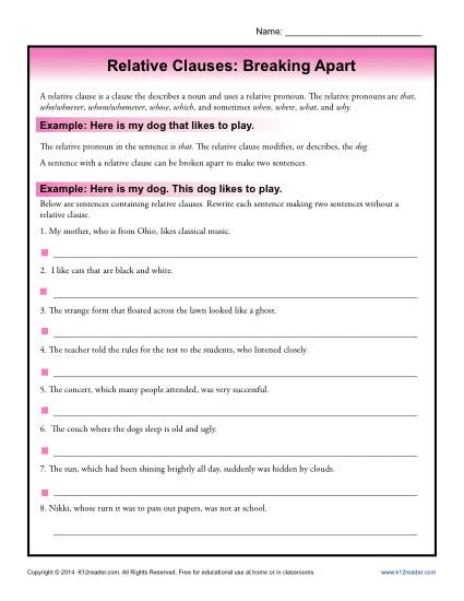 Relative Clauses Worksheet - Breaking Apart