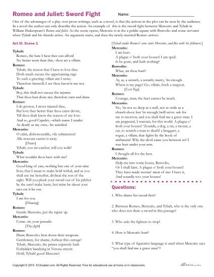 Romeo and Juliet: Sword Fight | Drama Worksheet