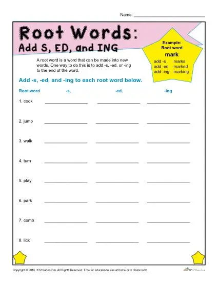 Printable Root Word Worksheet - Add S, ED, and ING