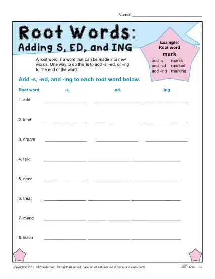 Root Words Worksheets | Adding S, ED, and ING