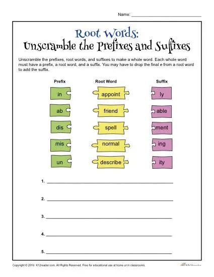 Printable Root Word Worksheet - Unscramble the Prefixes and Suffixes