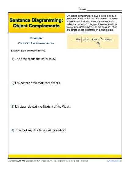 Sentence Diagramming Printable Activity - Object Complements