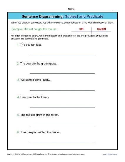 Diagramming Sentences Worksheets: Subject and Predicate