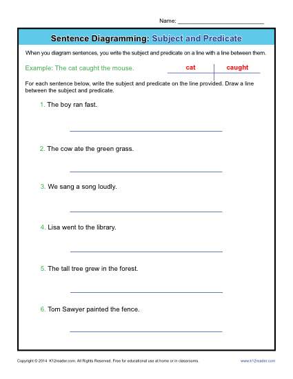 Diagramming Sentences Worksheets: Subject and Predicate