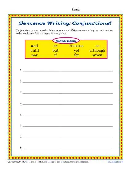 Sentence Writing Worksheet - Conjunctions