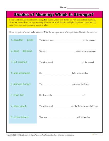 idioms worksheets for grade 5th Shades Vocabulary Which of Stronger? Meaning Worksheet is idioms worksheets for grade 5th Shades Vocabulary Which of Stronger? Meaning Worksheet is