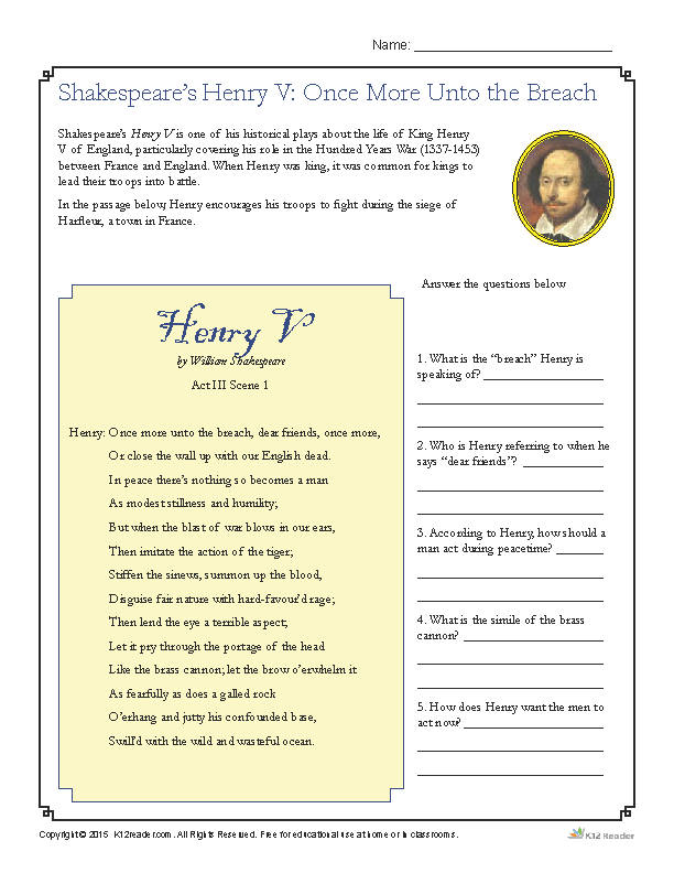 Printable Shakespeare Activity - Henry V Once More Unto the Breach