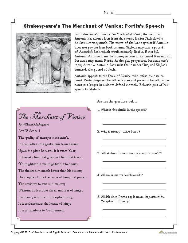 Printable Shakespeare Worksheet Activity - The Merchant of Venice Portia’s Speech