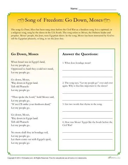 Go Down, Moses Printable Worksheet