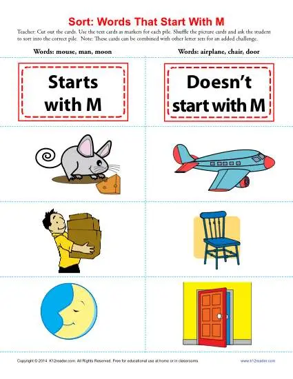 Sort the Words That Start With The Letter M - Printable Worksheet Lesson Activity