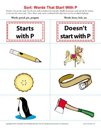 Sort the Words That Start With The Letter P - Printable Worksheet Lesson Activity