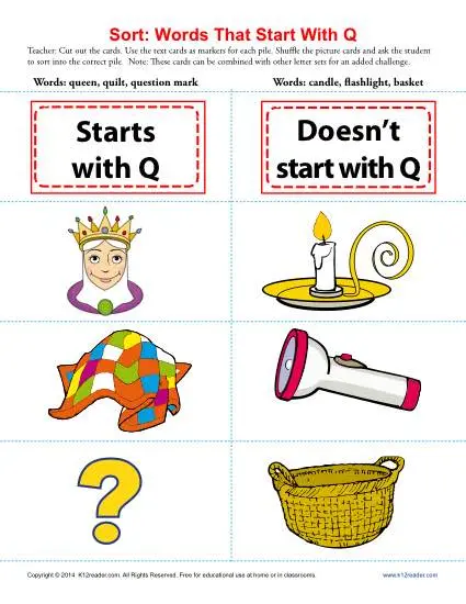 Sort the Words That Start With The Letter Q - Printable Worksheet Lesson Activity