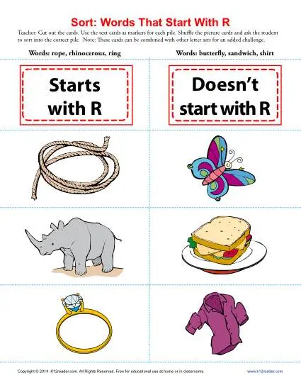 Sort the Words That Start With The Letter R - Printable Worksheet Lesson Activity