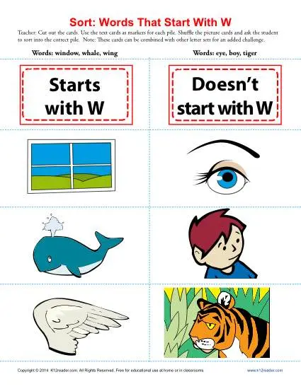 Sort the Words That Start With The Letter W - Printable Worksheet Lesson Activity