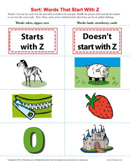 Sort the Words That Start With The Letter Z - Printable Worksheet Lesson Activity