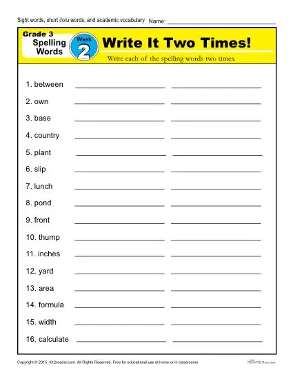 Third Grade Spelling Words List - Week 2 | K12reader