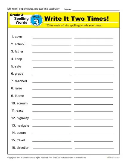 Third Grade Spelling Words List - Week 3 | K12reader