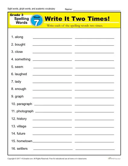 3rd Grade Spelling Words Week 7 – K12Reader Spelling Curriculum