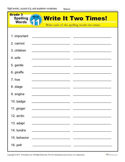 3rd Grade Spelling Words Week 11 – K12Reader Spelling Curriculum