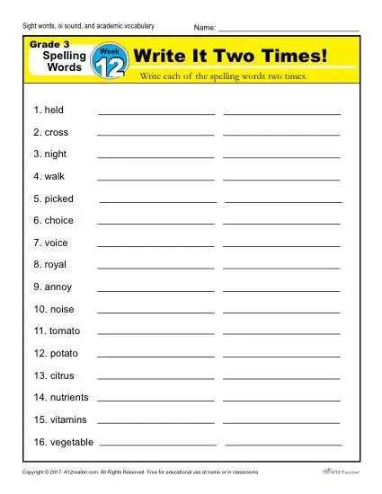 3rd Grade Spelling Words Week 12 – K12Reader Spelling Curriculum