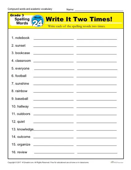 3rd Grade Spelling Words Week 24 – K12Reader Spelling Curriculum