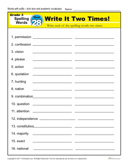 3rd Grade Spelling Words Week 28 – K12Reader Spelling Curriculum