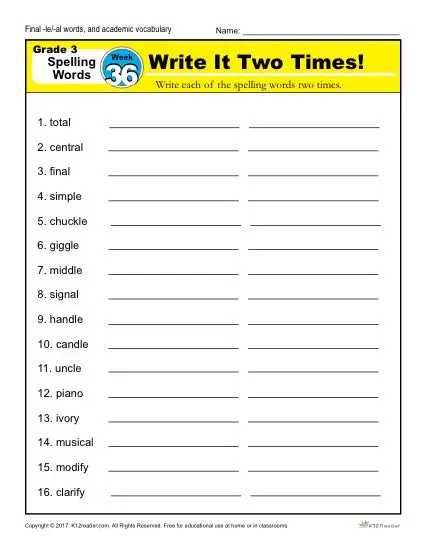 3rd Grade Spelling Words Week 36 – K12Reader Spelling Curriculum