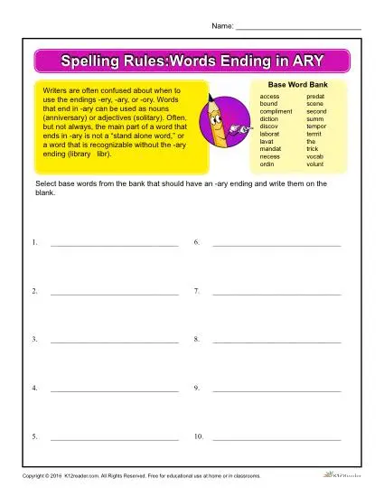 Spelling Rules Classroom Activity - Words Ending in ARY