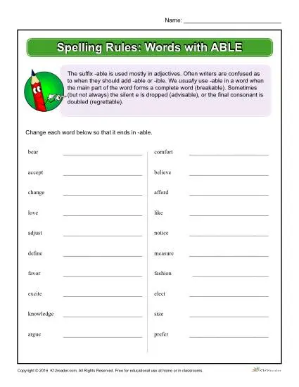 Spelling Rules Printable Worksheet - Words with ABLE