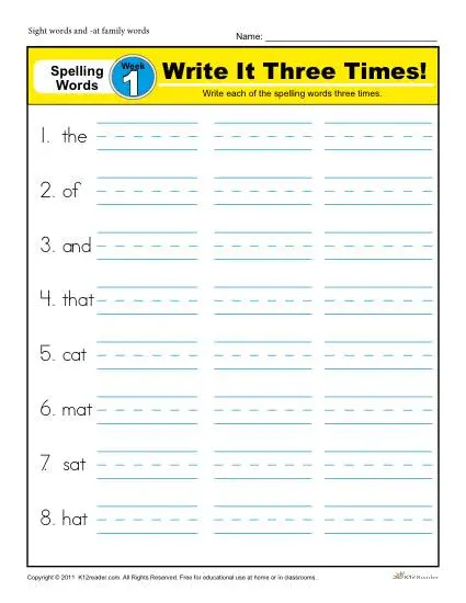 1st Grade Spelling Words Week 1 - K12Reader Spelling Curriculum