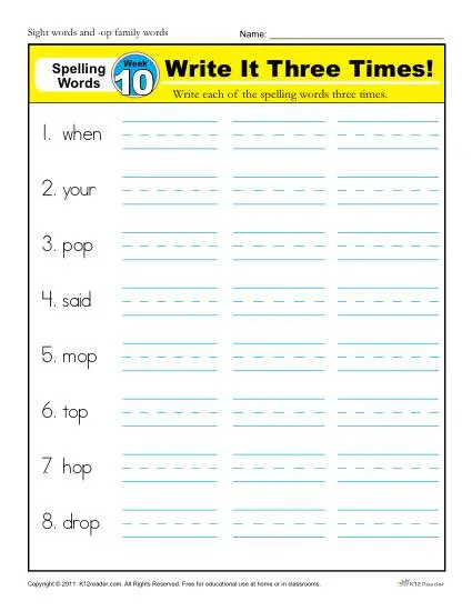 1st Grade Spelling Words Week 10 - K12Reader Spelling Curriculum