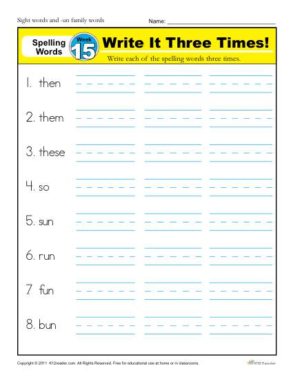 1st Grade Spelling Words Week 15 - K12Reader Spelling Curriculum